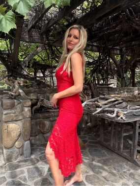 Nightcap Red Lace High-Low V-Neck Dress